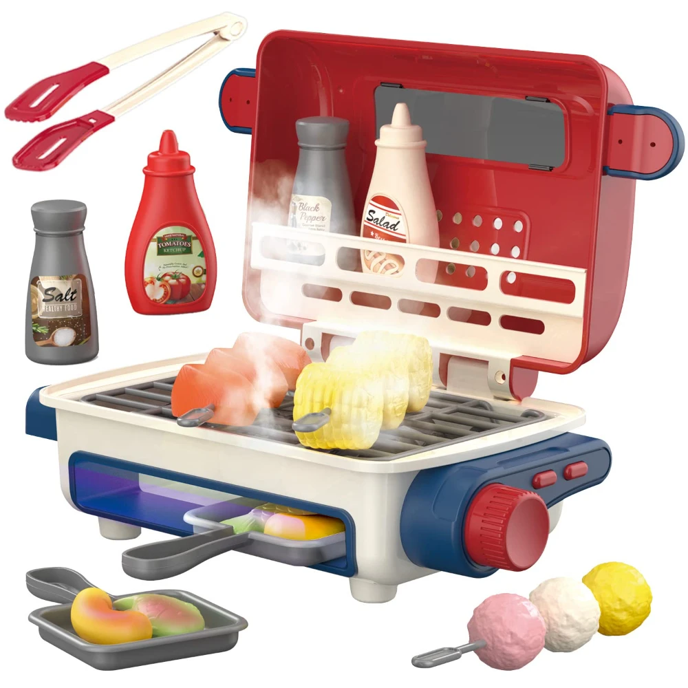 Conjunto de grelha de brinquedo WizKidz para crianças – fingir brincar de churrasqueira com som de luz de fumaça e acessórios para diversão de cozinha criativa