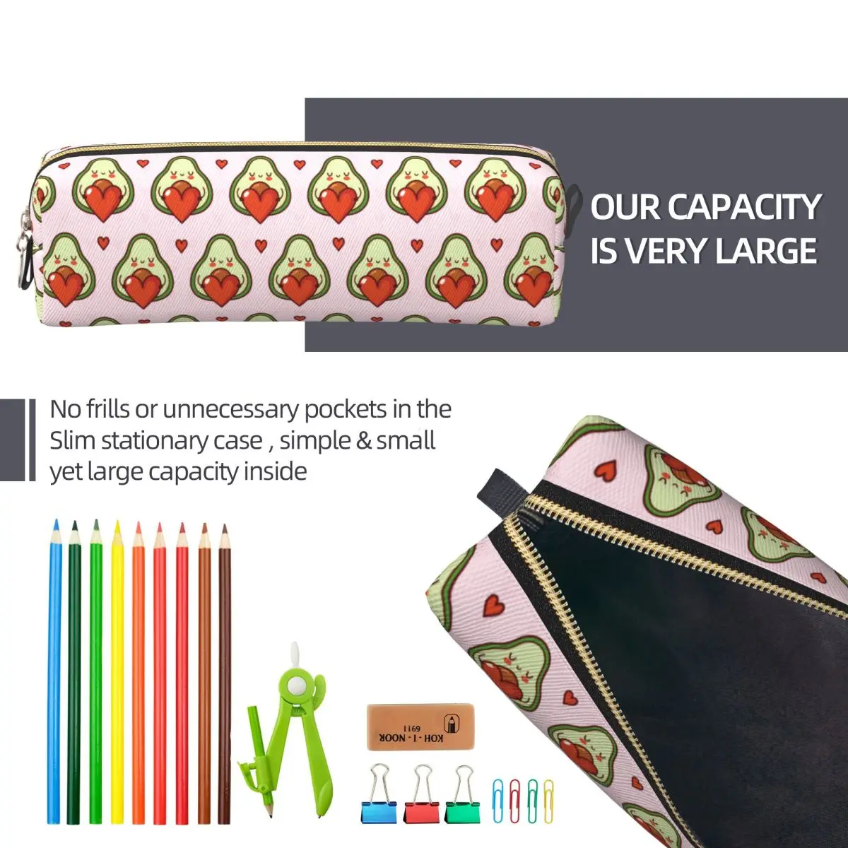 귀여운 카와이 아보카도 선물 하트 연필 케이스 아보카도 연인 펜 상자 연필 가방 학생 대용량 사무실 지퍼 연필 케이스
