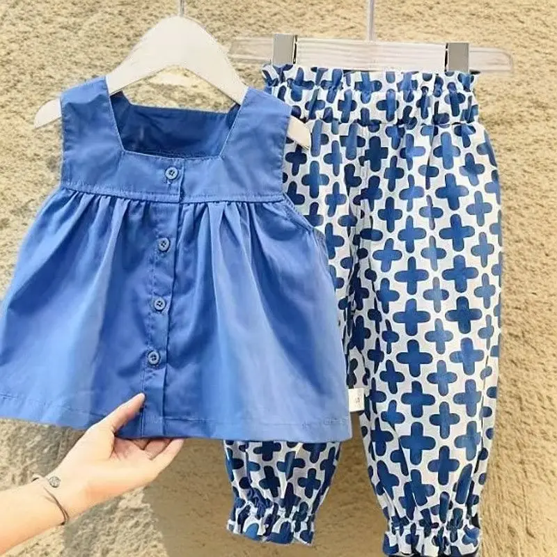 

Girls' Children's Suit Floral Foreign Style Summer New Children's Clothing Baby Suspender Sleeveless Two-piece Set