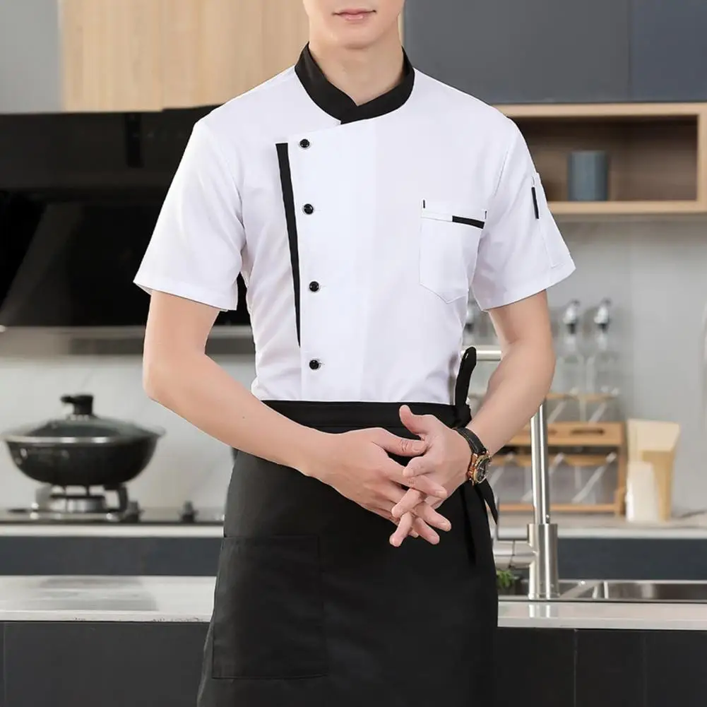 Chef Uniform Apron Hat Set Stand Collar Short Sleeve Chef Apparel with Multi-Pocket Design Patchwork Color Kitchen Staff Clothin