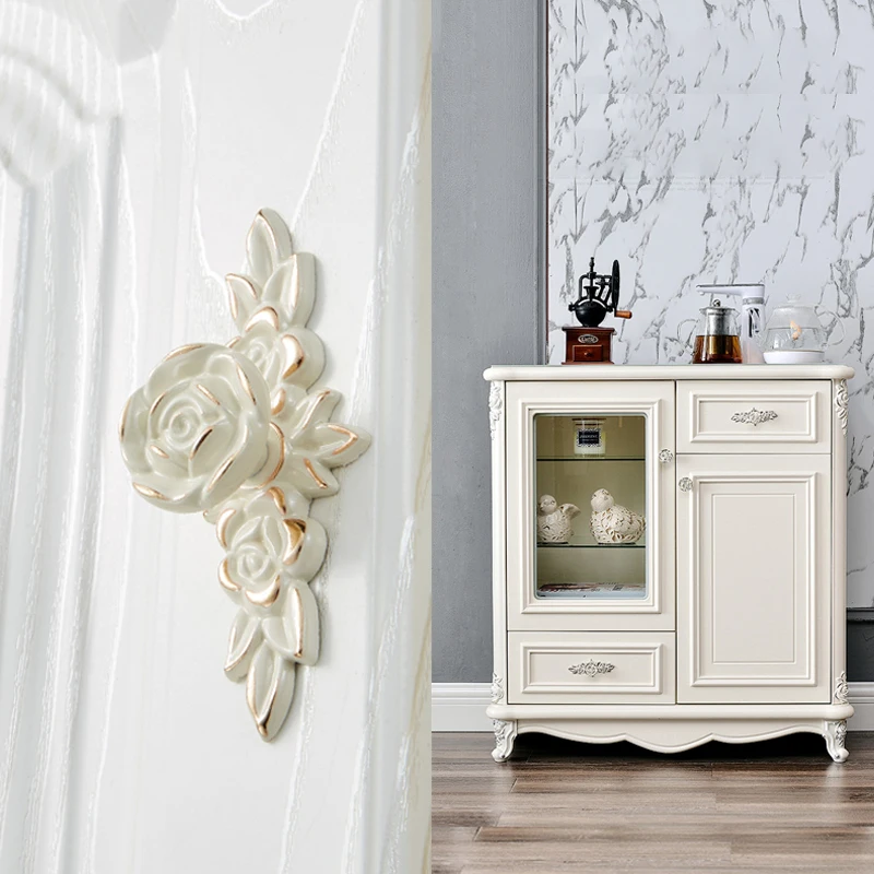 6pcs White Flower Cabinet Pulls, Rose Single Hole Vintage Drawer Knob, Closet Handles Gold Baking Paint Process