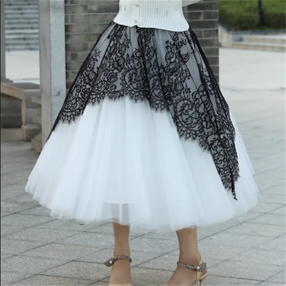 

Autumn and winter new eyelash lace gauze skirt vintage Hepburn umbrella skirt high waist elegant