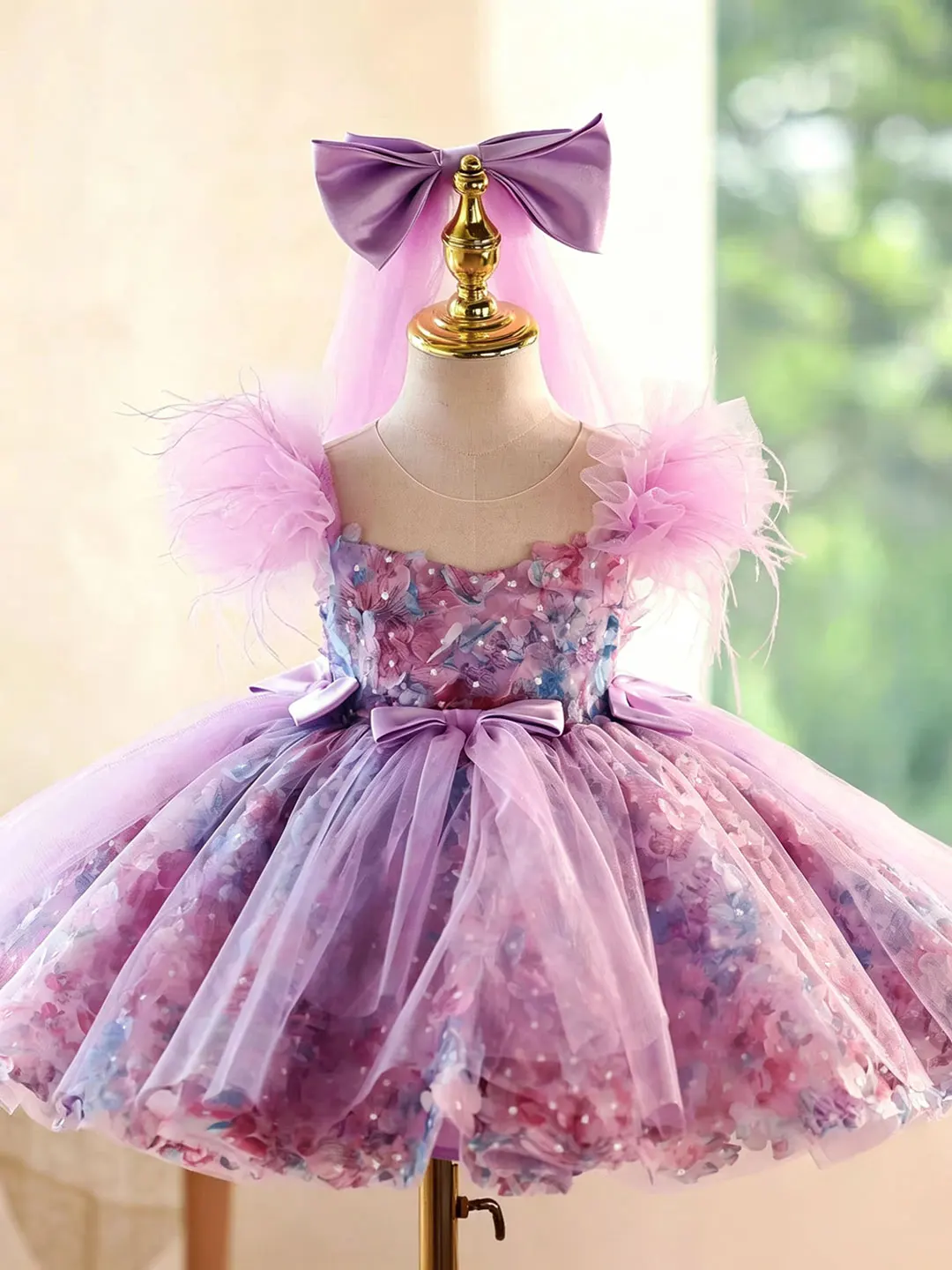 Jill Wish D282 Purple Floral Feather Flower Girl Dress with Detachable Train, Puffy Tulle Princess Party Gown for Kids Girls