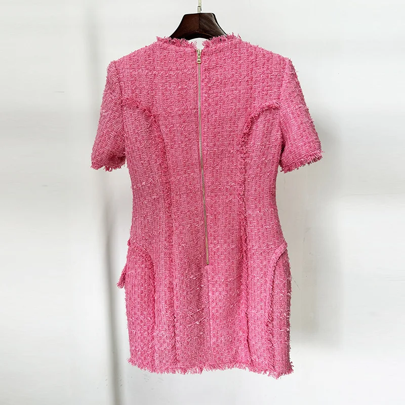 VC Autumn Fall French Vintage Pink Square Neck Gold Buttons Details Short Sleeves Casual Office Lady Daily Wear Short Dress