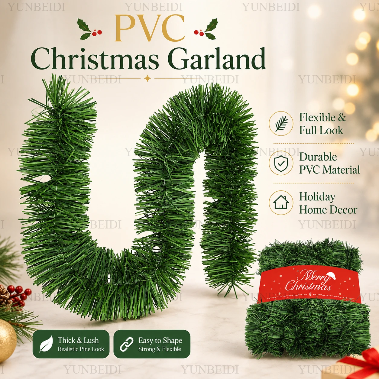 Künstlicher Rattan-Kranz aus PVC-Material für Weihnachten, Familien-Weihnachtsbaum-Hängedekoration, Innen- und Außendekoration, DIY Neujahrsdekoration