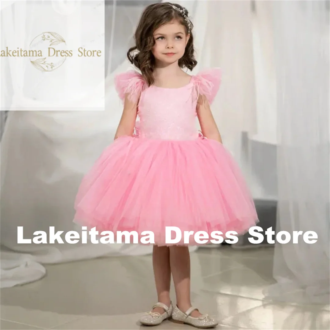 Customization Flower Girl Dresses Pink Tulle With Bow Feather Short Sleeve For Wedding Birthday Party Banquet Holy Communion Gow