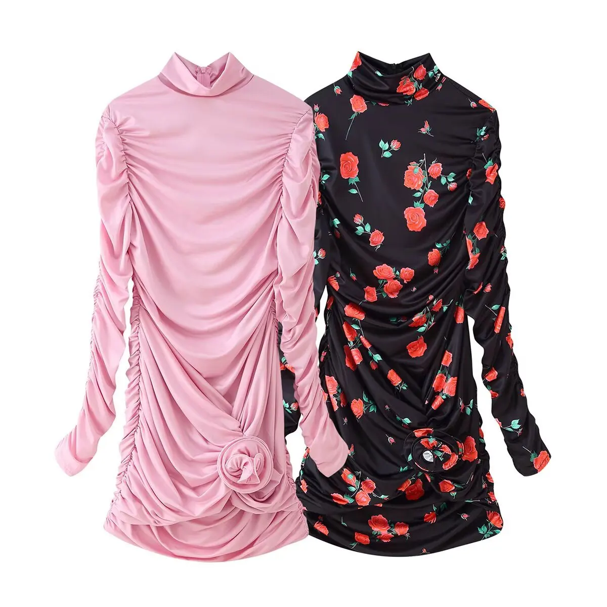 여성용 빈티지 파티 미니 드레스 긴 소매 터틀넥 3D 꽃 장식 주름 슬림 여름 프린트 섹시 드레스