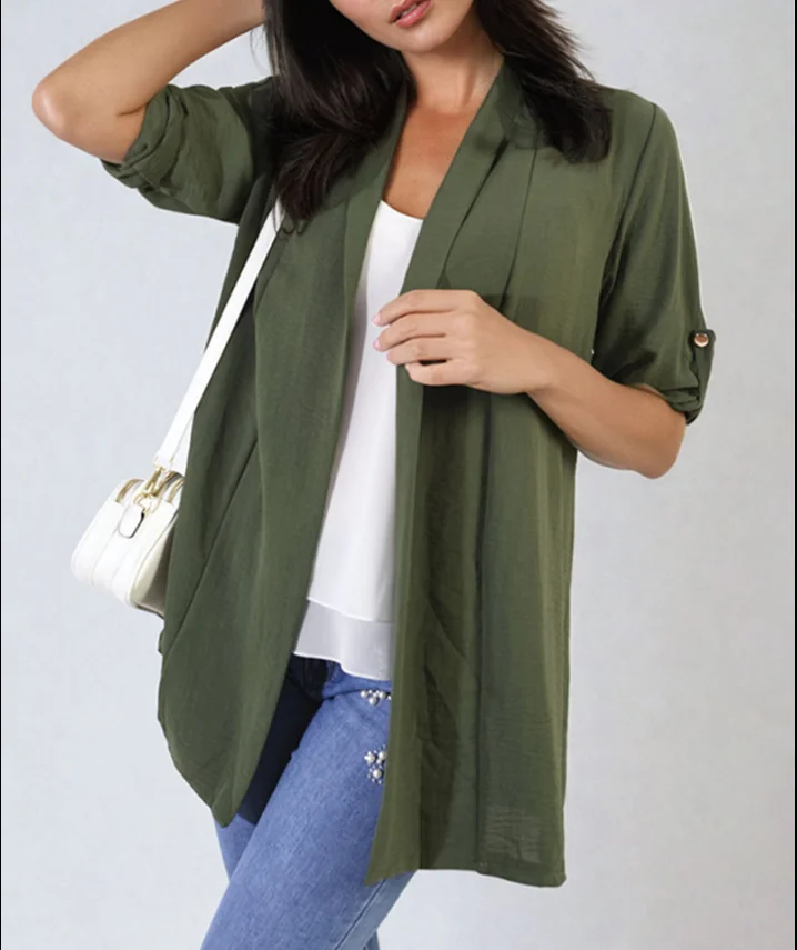 

Women's Shirt Tops 2024 Summer Fashion Basics Casual Solid Color Roll Up Long Sleeve Open Front Loose Fitting Blouse Top