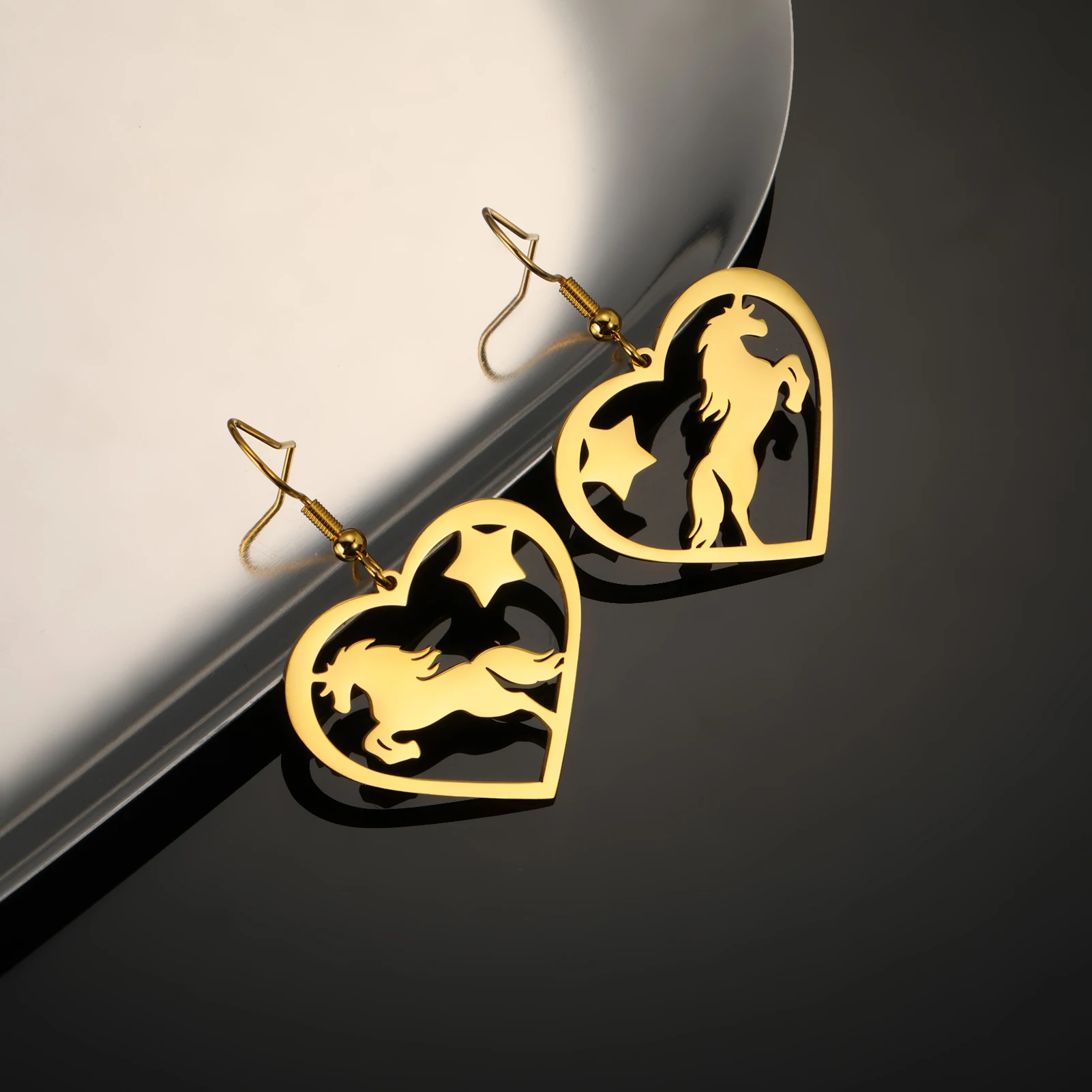 Cazador Pferdeherz-Anhänger-Ohrringe für Damen, Edelstahl, goldfarben, Tierschmuck, Ohrringe, Geburtstag, Valentinstag, Geschenk – Detail 14
