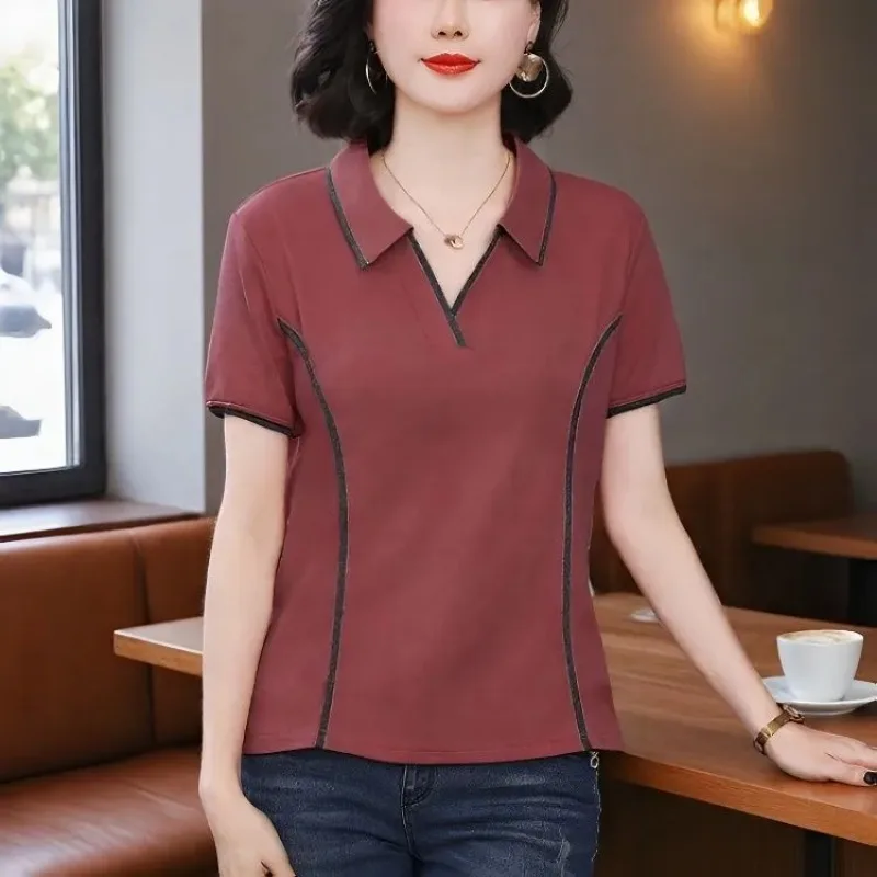 Women Plus Size Lapel V Neck Contrast Stripe Slim Hide Belly Short Sleeve Summer Mom Top