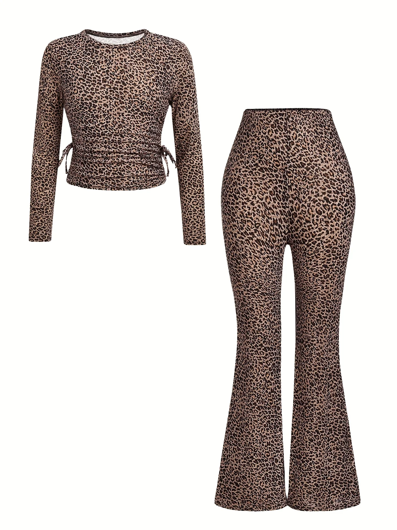 Mädchen-Herbst-Outfit-Set: Zufällig ausgewähltes Leopardenmuster-Strickoberteil + Plissierte Rundhals- und Schlaghose, Zweiteiliges Set, geeignet für Kinder über 5 Jahre, vielseitige Kleidung für Zuhause und Ausflüge. – Detail 3