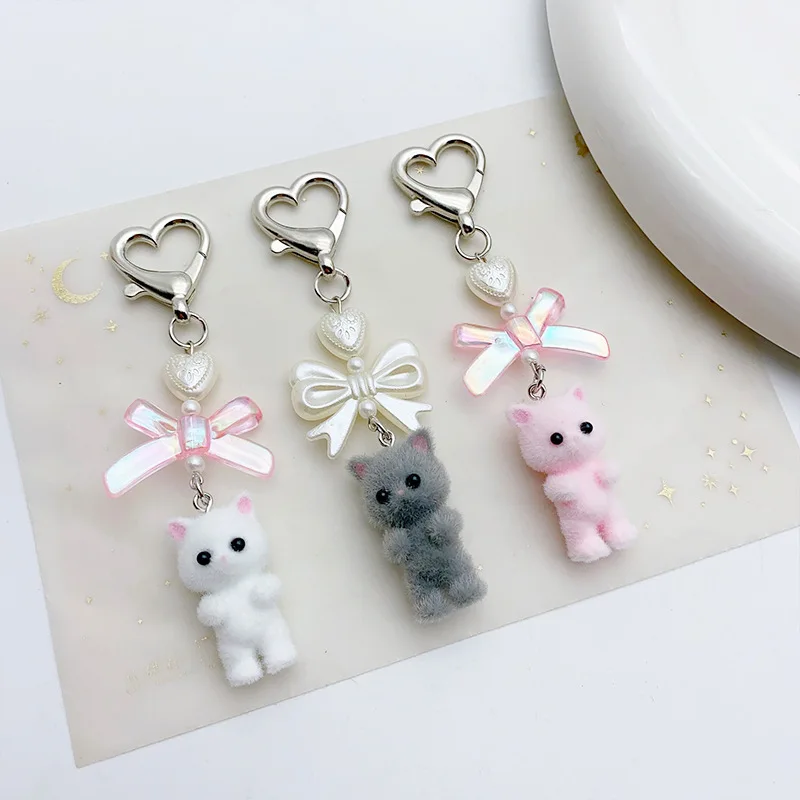 Cute Flocking Kitten Pendant Keychain 3D Cartoon Cat Keyring y2k Kawaii coquettish Keychain For Bag Decoration Phone Gift