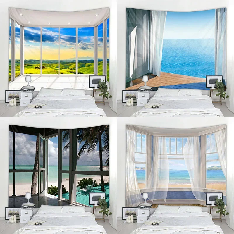 Tapestry Wall Hanging Living Room Bedroom Natural Window View Beach  Bedside Background Fabric