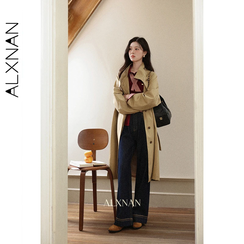 ALXNAN Dames donkerblauwe wijde jeans met hoge taille Herfstborduurwerk Zijden sjaal Rechte pijpen Losvallende casual denimbroek L57308