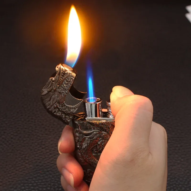 New 3D Dragon and Snake Relief Metal Inflatable Lighter Windproof Double Flame Convertible Butane Gas Lighter Men\'s Gift