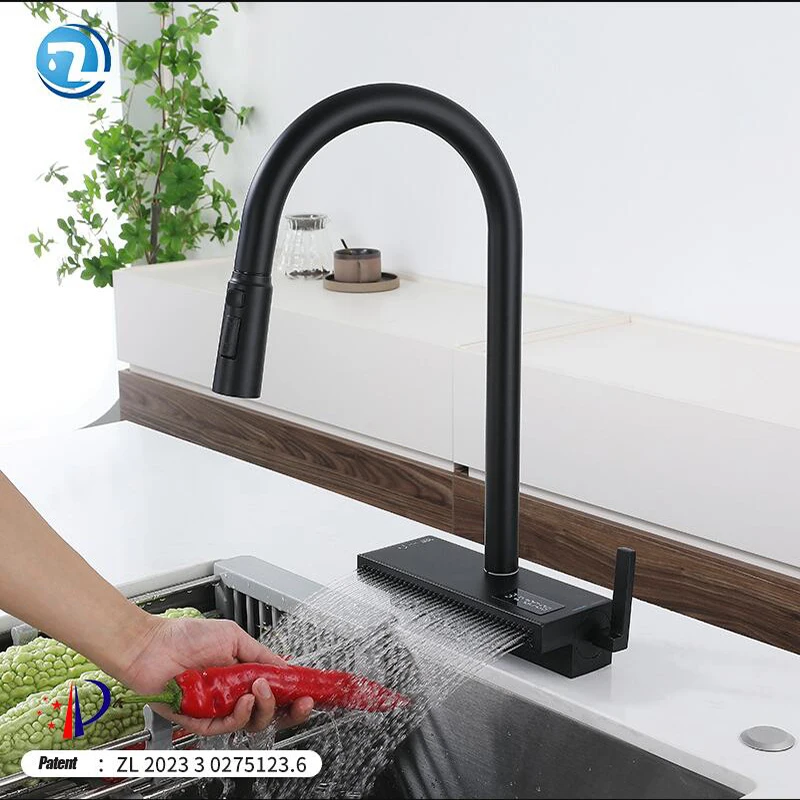 New Full Kitchen Single Hole Rain Pull Type Cold And Hot Water Faucet Can Rotate The Sink Sink Digital Display