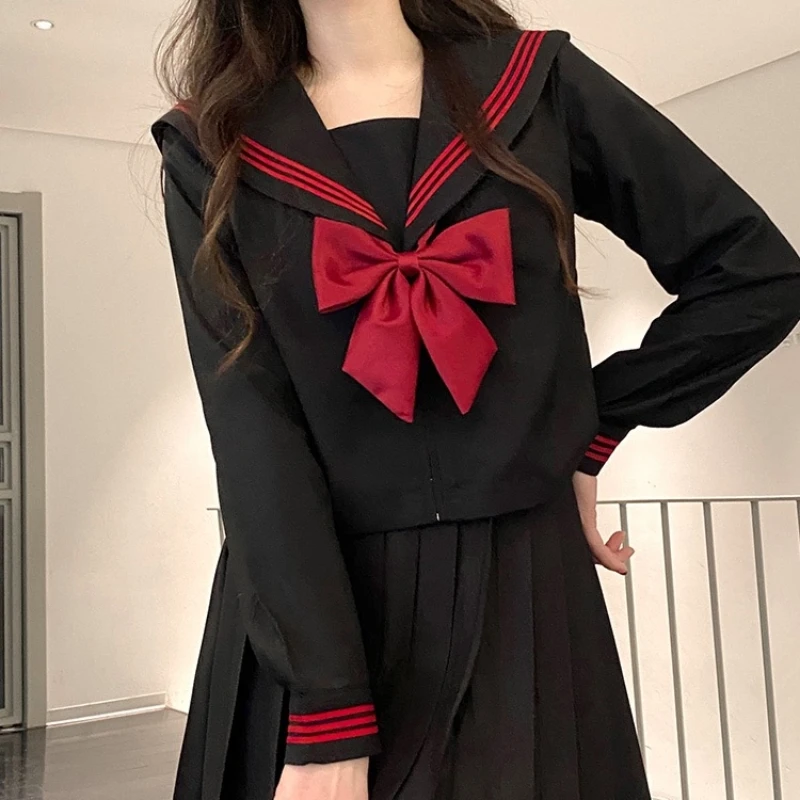 Japanese School Uniform Girl Jk Suit Red Tie Red Three Basic Sailor Uniform Women Sexy Spring and Autumn Long Sleeve Suit