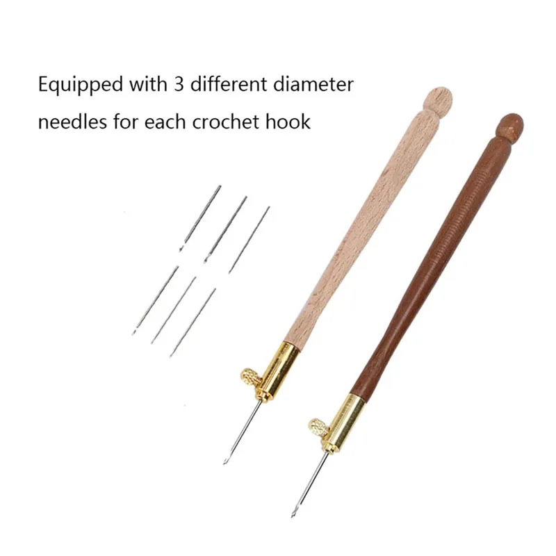 Embroidery Crochet Hooks with 3 Needles Wooden Handle Hook Latch Beaded Needle for Embroidery Sequin Beading Knitting DIY Sewing