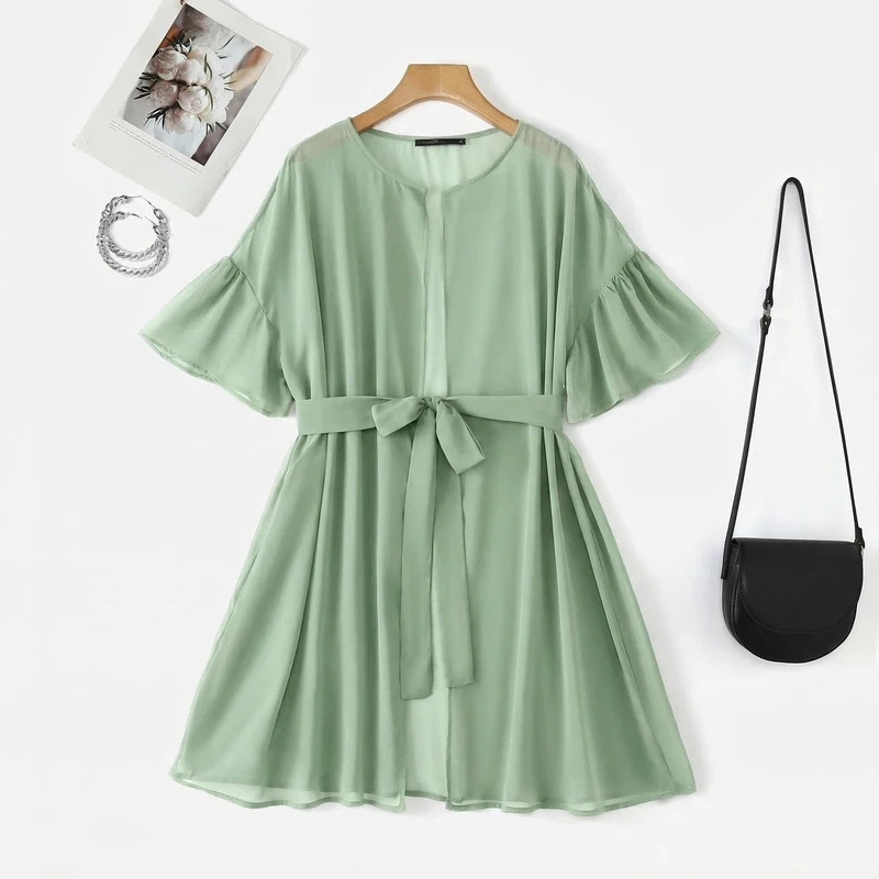 ZANZEA Beach Cover Up Women Chiffon Cardigan 3/4 Flare Sleeve Lace-Up Tops Kimono Elegant Casual Holiday Solid Summer Outerwear
