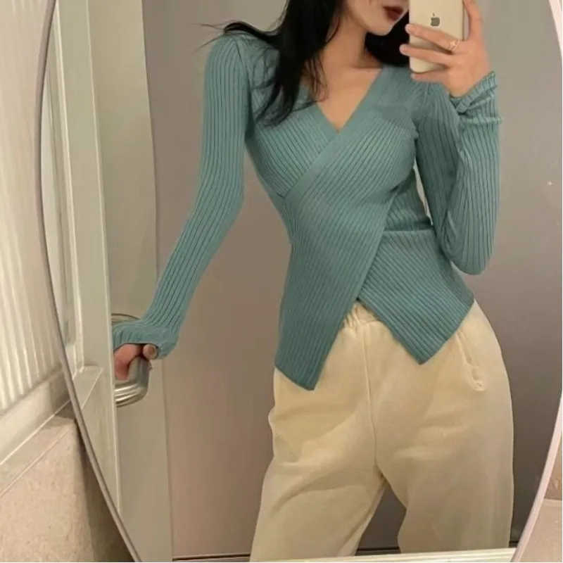 Spring and Autumn Women\'s Pullover V-neck Knitted Thread Bottom Long Sleeve Loose Fit Sweater Fashion Casual Commuter Tops