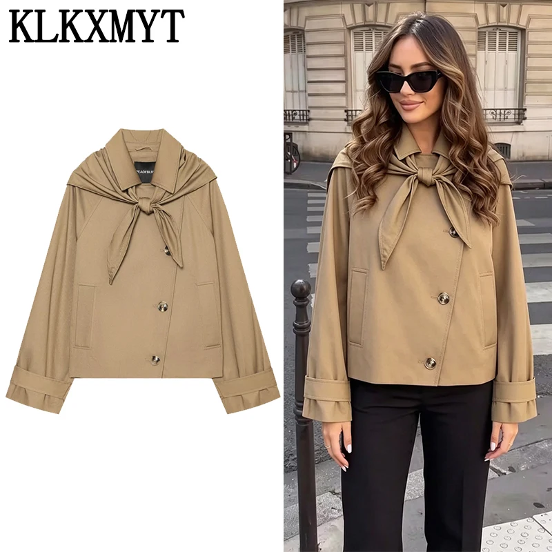 KLKXMYT Women's Trench Coat With Scarf Collar Cropped Jacket Woman New in Outdoor Coats Women's Windbreaker Fashion Jackets