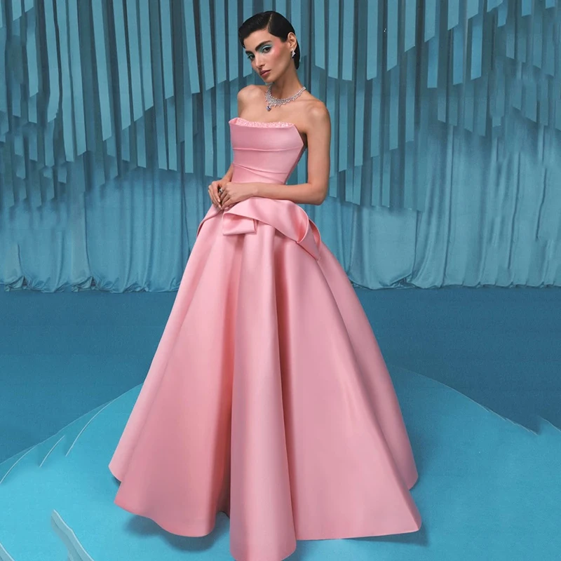

Thinyfull Pink A-Line Prom Evening Dresses Saudi Arabia Strapless Beadings Party Dress Sexy Night Cocktail Prom Gowns Customized