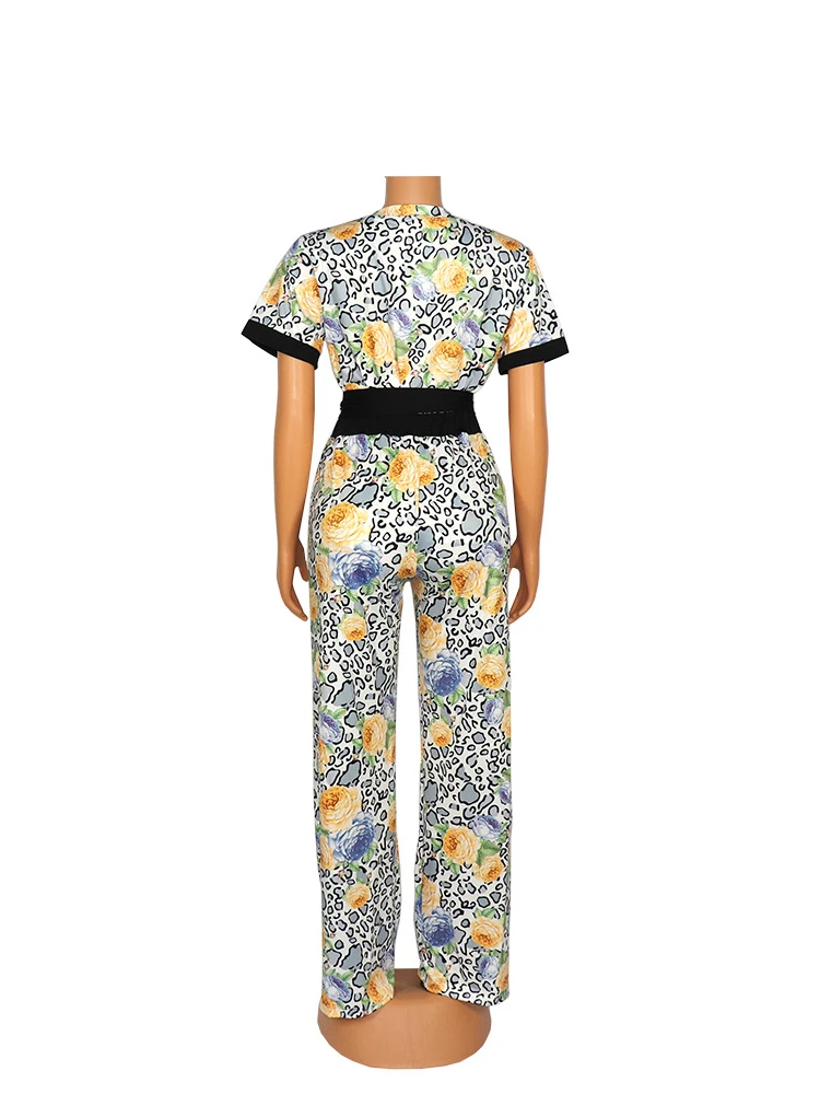 Vrouwen Gedrukt Jumpsuit O Hals Hoge Taille Met Taille Riem Korte Mouw Elegante Retro Afrikaanse Vrouwelijke Een Stuk Rompertjes Vintage nieuwe