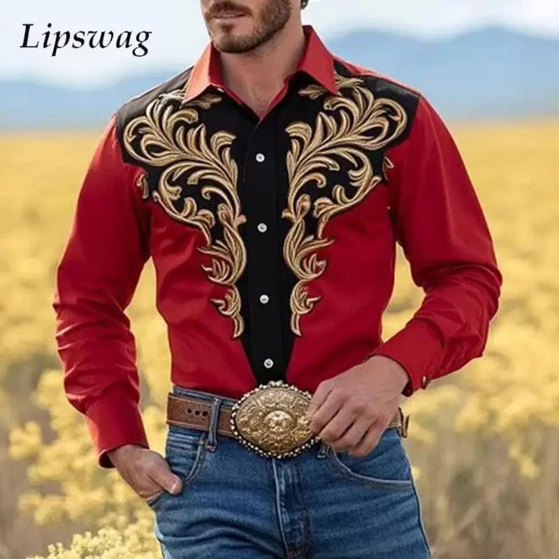 

Весенне-осенние новые повседневные мужские рубашки, винтажная рубашка с отложным воротником на пуговицах и длинными рукавами, классические рубашки с цветочным принтом, топы