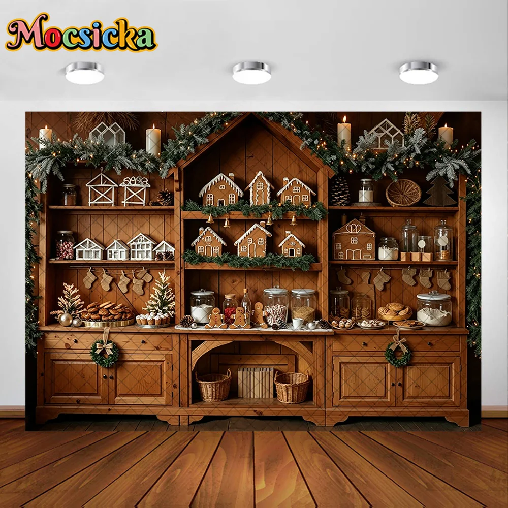 Mocsicka Christmas Gingerbread Bakery Shelf Backdrop Wooden House Cabinet Candle Garland Holiday Kids PhotoBoth Background Props