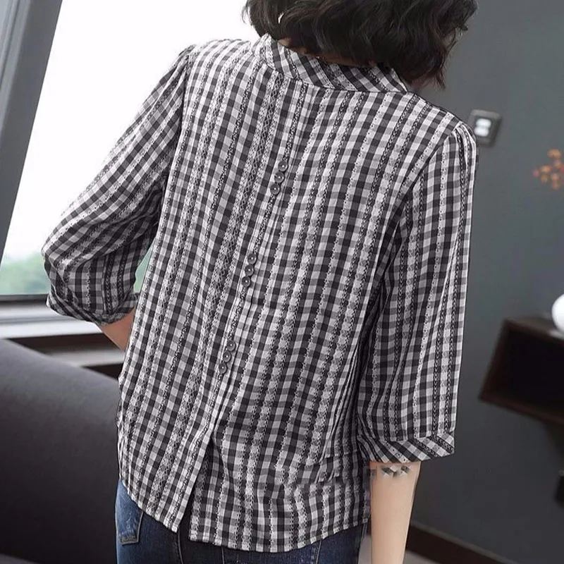 Fashion Elegant 3/4 Sleeve Plaid Shirt Summer New Women\'s Clothing Simplicity Button Patchwork Loose V-Neck Blouse for Female