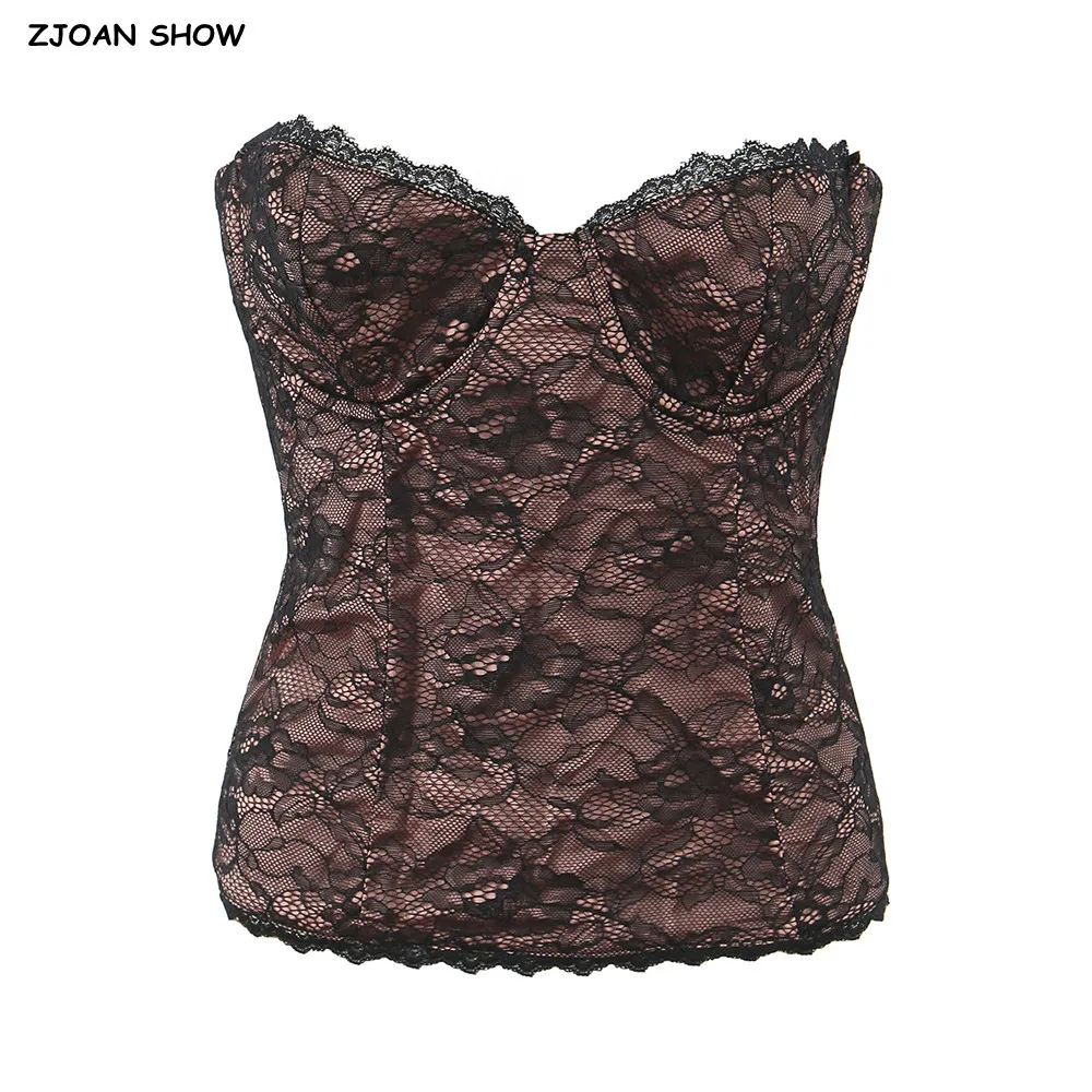 

Сексуальный прозрачный черный кружевной топ-корсет с подкладкой, на молнии сзади, для женщин, летний, утягивающий талию, облегающий, без бретелек, укороченный