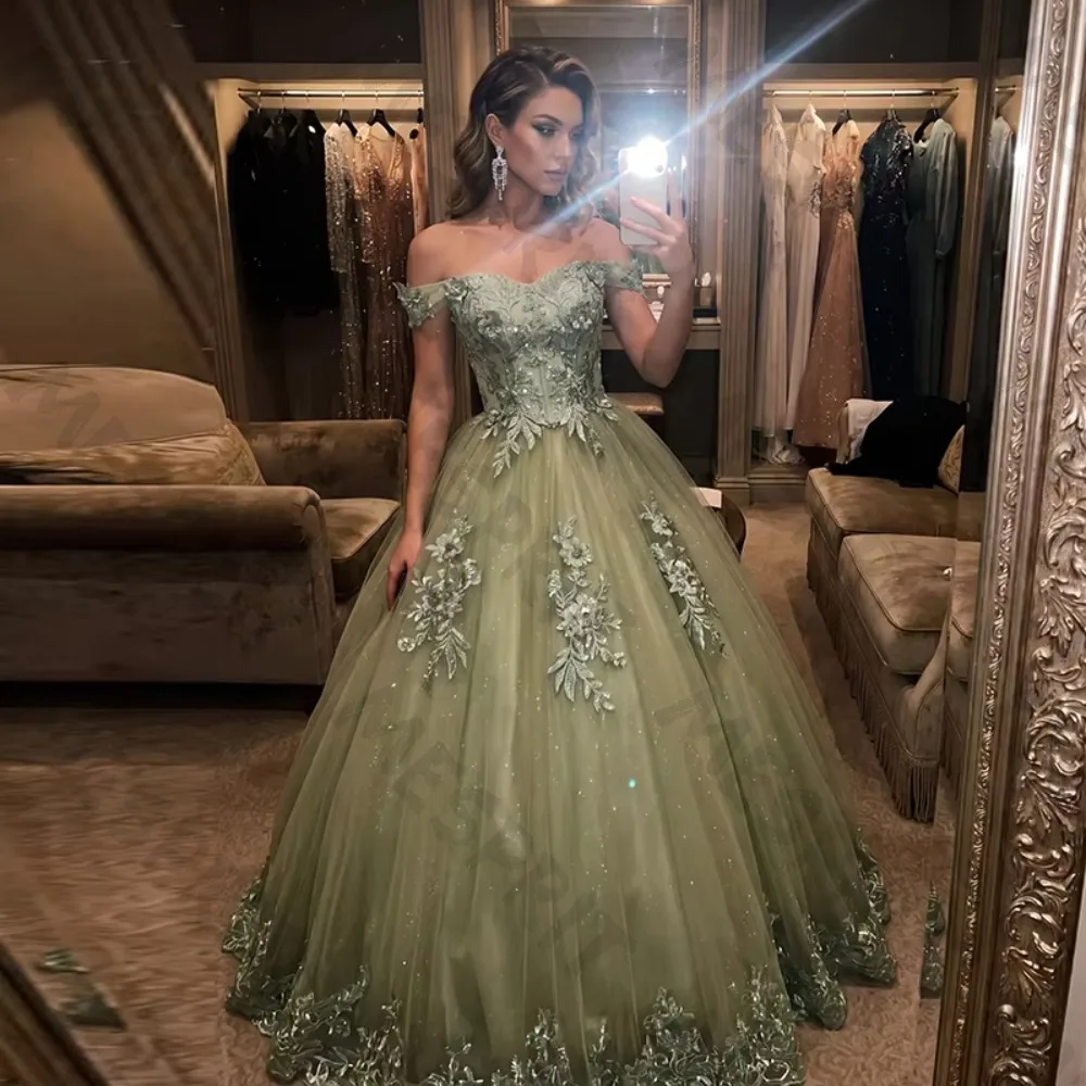 Customized Off Shoulder Decal Sparkling Evening Dresses Floral Chiffon Luxurious Floor Length Ball Gown Suitable for Banquets