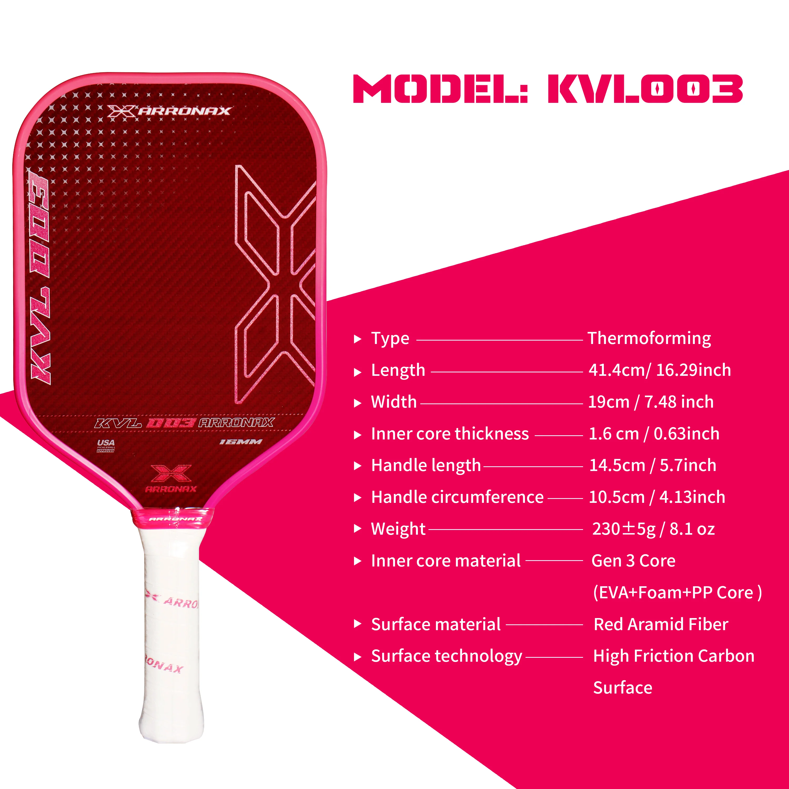 

16MM Red Kevlar Pickleball Paddle Thermoformed Technology Hi-Strength Fabric PP Honeycomb Core Enhanced Power&Control&Spin