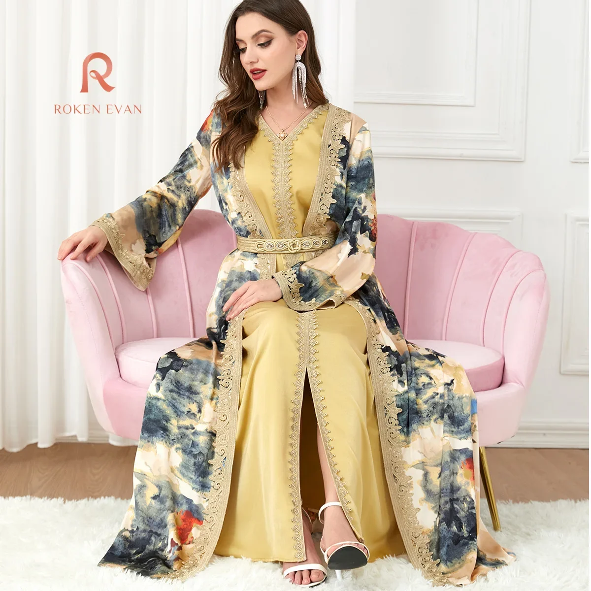 

ROKEN EVAN 2024 Middle East robe patchwork muslim two-piece dress Muslim clothing foreign trade set women fashion