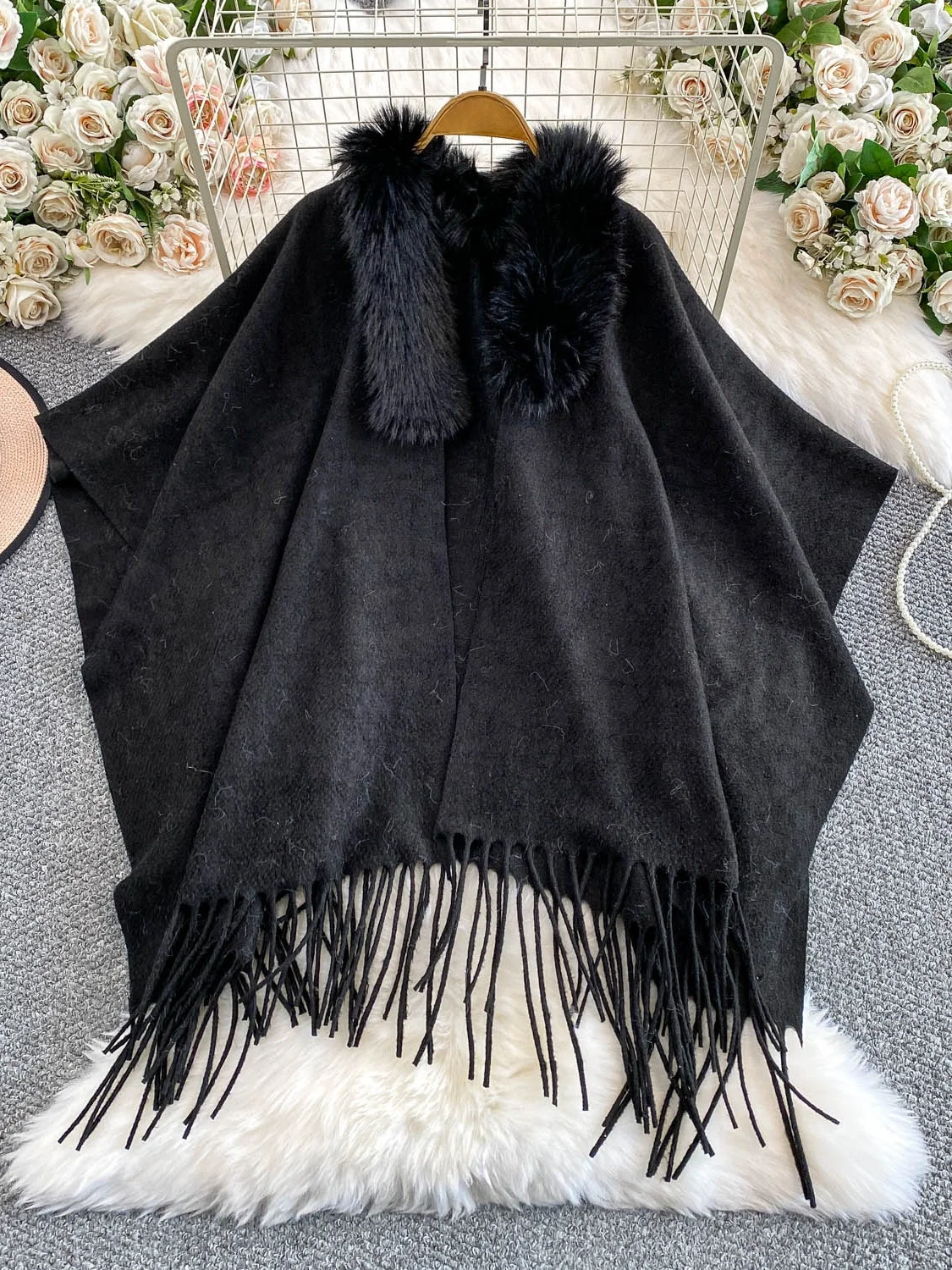 Ele المتضخم الفراء المرقعة awl معطف المرأة الشتاء منتصف طول غير المتكافئة مهدب سترة ملابس مكتب عادية