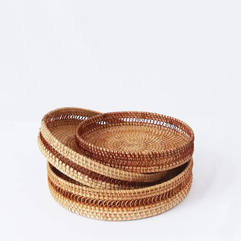 Handwoven Vietnamese Rattan Fruit Plate Round Willow Basket for Candy Storage Three Piece Set Natural Empty Edge Design Home