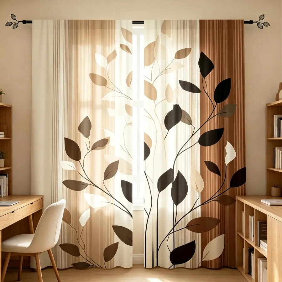 2PCS Digital Print Curtain, Brown Tree Branch Leaves Stripe Pattern, Modern Botanical Style for Living Room Bedroom Window Decor