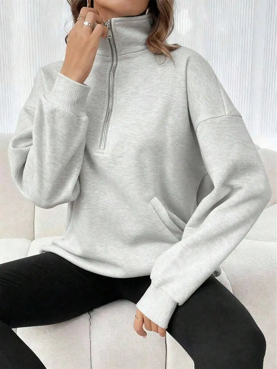 

Womens Gray Half-Zip Drop Shoulder Sweatshirt Loose Fit Casual Pullover