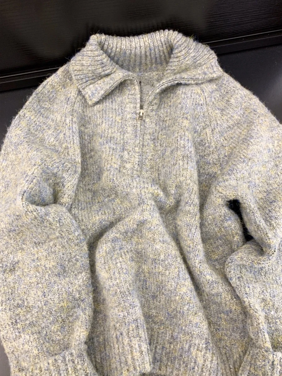 

Vintage Gray Pullovers Female Jumper Soft Women Autumn and Winter Gentle Loose Knitted Sweaters Knitwear Trend Half Zipper Warm