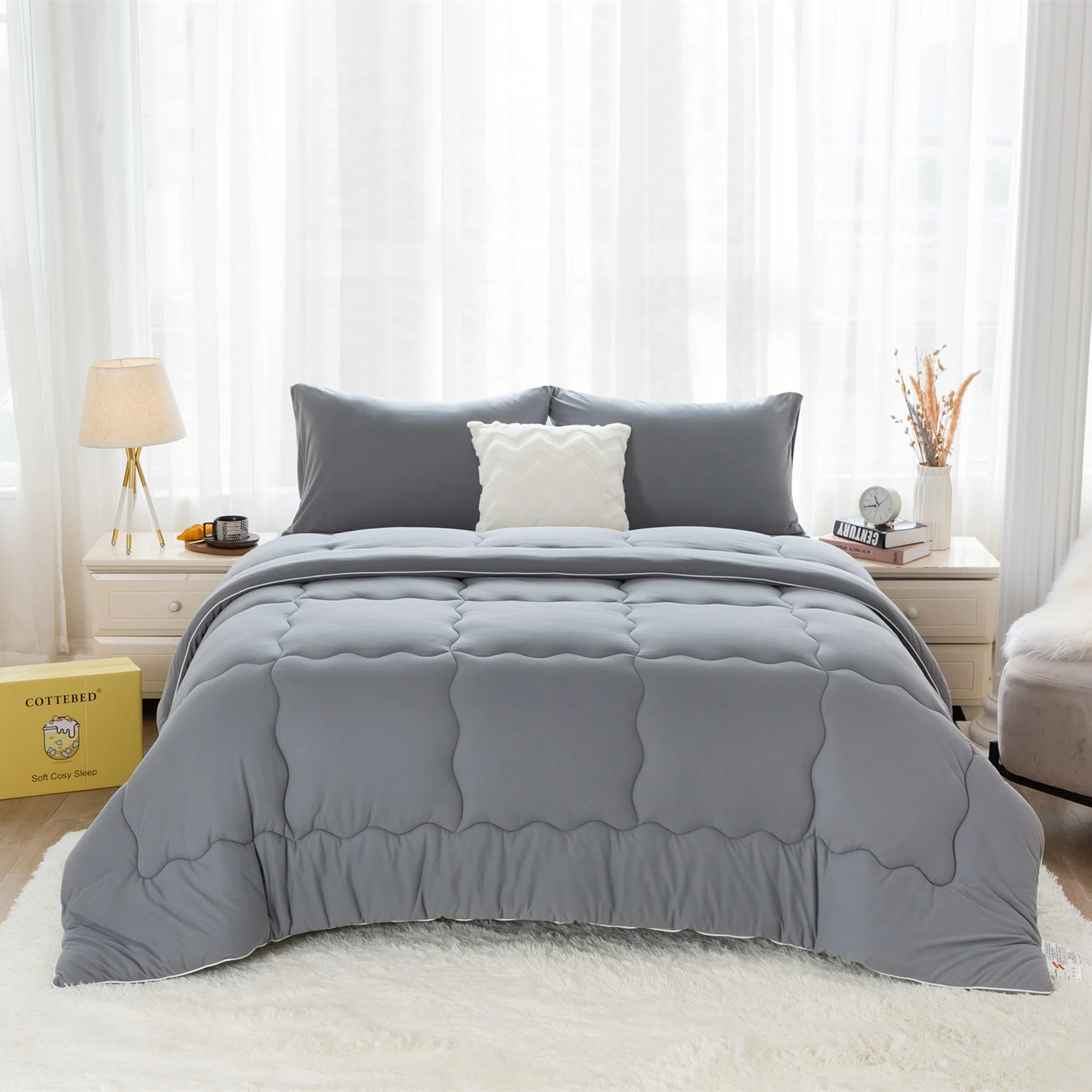 Dark Grey Reversible King size Bed Comforter Set,Warm Breathable Fluffy Cosy Bedding 1 Down Alternative Comrter & 2 Pillow Sham