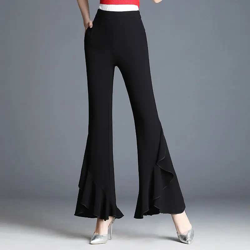 Pantalones finos de gasa para mujer, pantalón holgado de cintura alta con bolsillos y empalme elástico, color negro, 2022