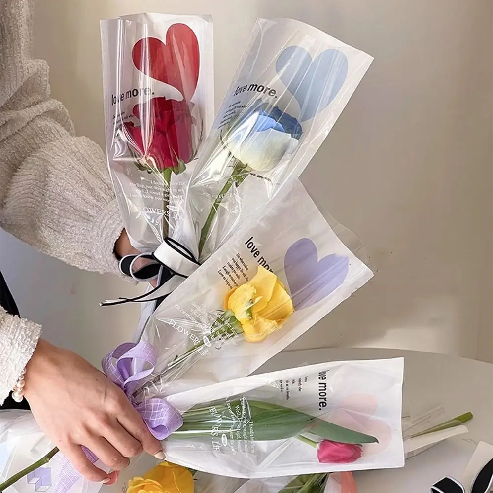 

20pcs Love Shaped Single Flower Wrapping Bags Waterproof Opp Bag Floral Gift Bags Romantic Bouquet Packaging Bags Mother's Day