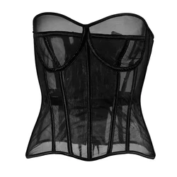 Vintage Strapless Lace-Up Overbust Mesh Corset Bustier summer breathable mesh corsets Waist Trainer Cincher Bra Streetwear