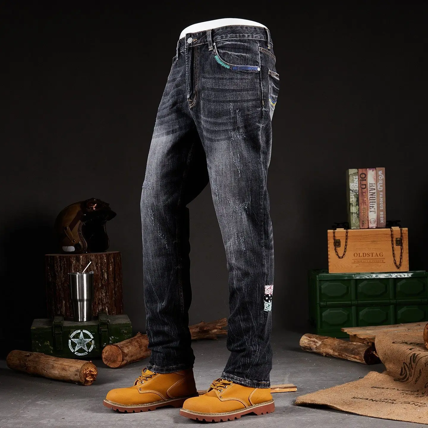 Summer Slim Fit Stretchy Retro Patchwork Denim Jeans American Style Heavy Wash Straight Leg Long Trousers for Men