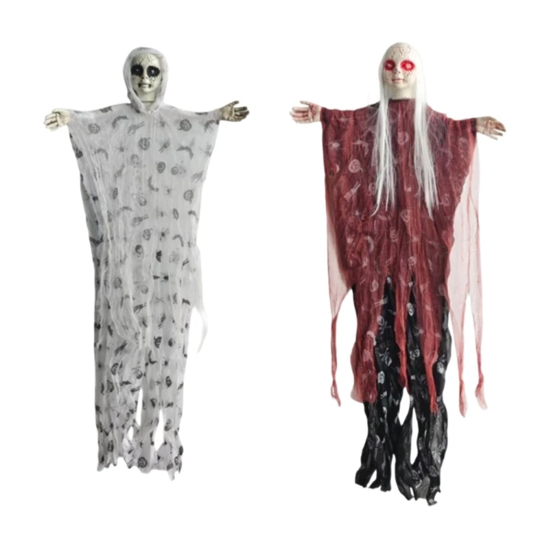 Q39C Flowing Skeleton Hanging Prop with Skull Graphics and Tool-Free Loop for Halloween Parties and Haunted Space Decor