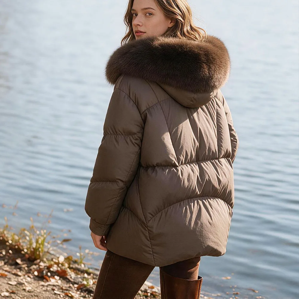 Large Real Fox Fur Collar Hooded Parka Mid-Length Loose Warm Luxury Puffer Coat Outerwea Women Winter White Duck Down Jacket