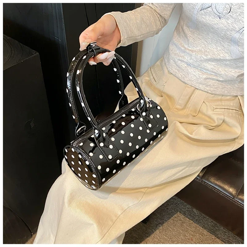 Shoulder Bag for Women Polka Dot Mini Handle Purse PU Leather Barrel Shape Cute Handbag Adjustable Strap Clutch Purse