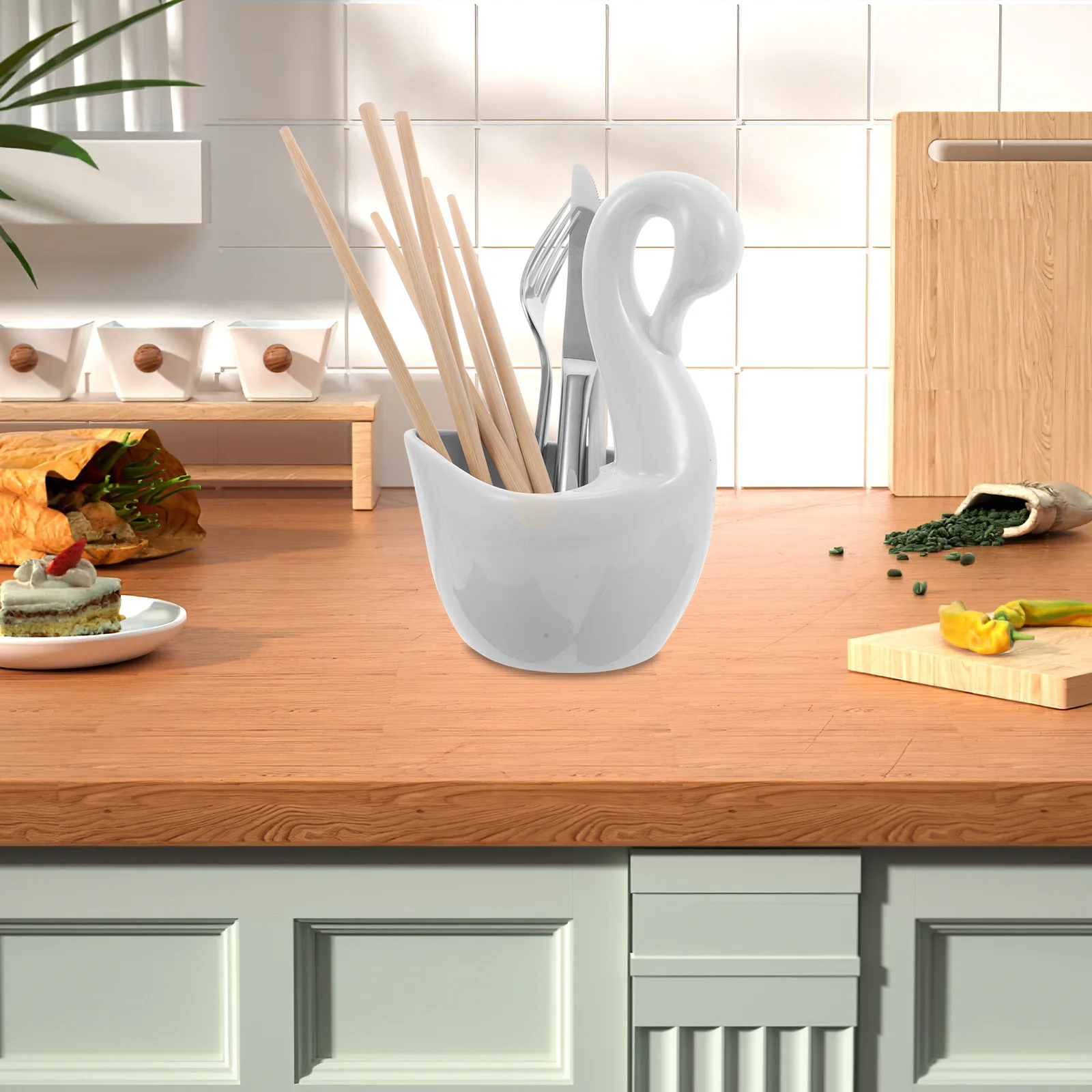 

Swan Base Ceramic Flatware Holder Kitchen Utensil Organizer Spoon Fork Storage Rack Dining Table Countertop Flatware Holder