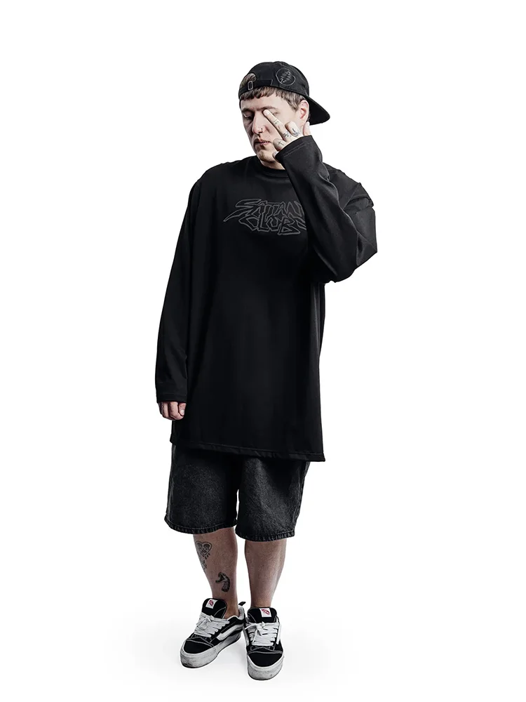 Men T-Shirt Satan Club Graphic SCULL Gothic Oversized Long Sleeve Tops Y2k Streetwear Cotton Autumn Fashion Tees Unisex Clothing