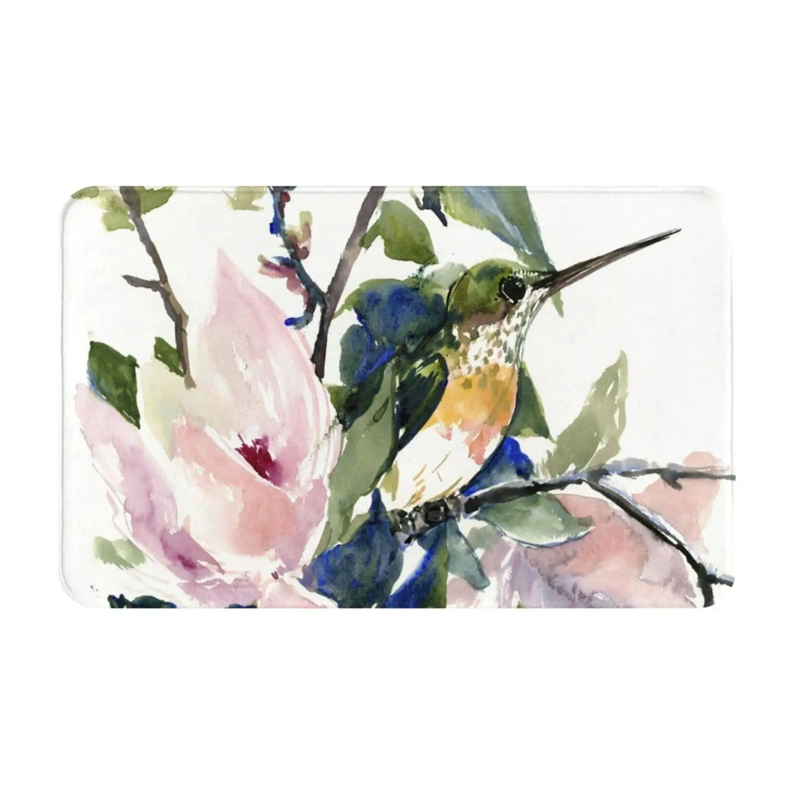 Hummingbird And Magnolia Flowers Comfortable Door Mat Rug Carpet Foot Pad Hummingbirds Magnolia Birds And Flowers Pink Green